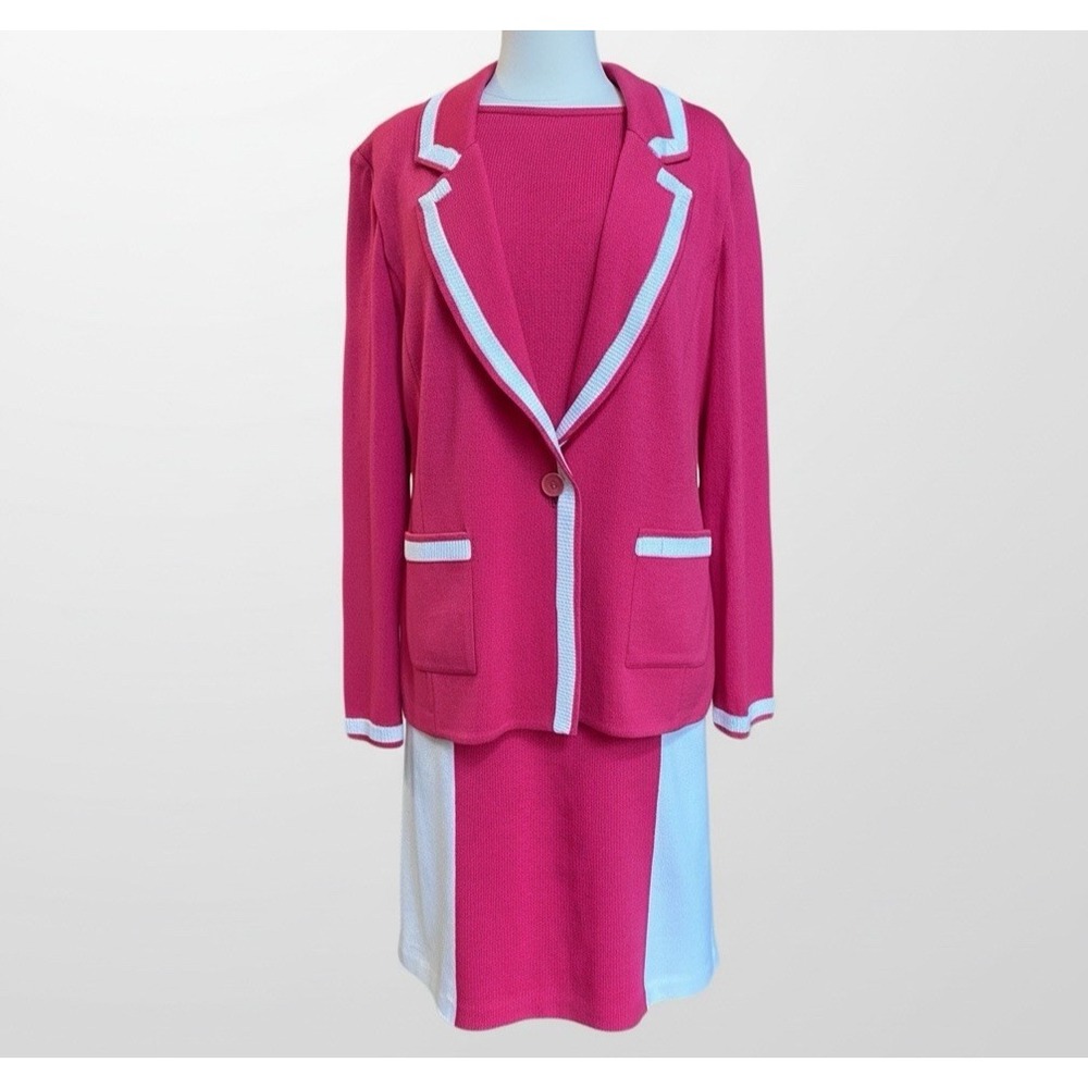 St John Knit Dress Suit Size 16 Pink White Santana Knit 2 Piece Sheath Blazer